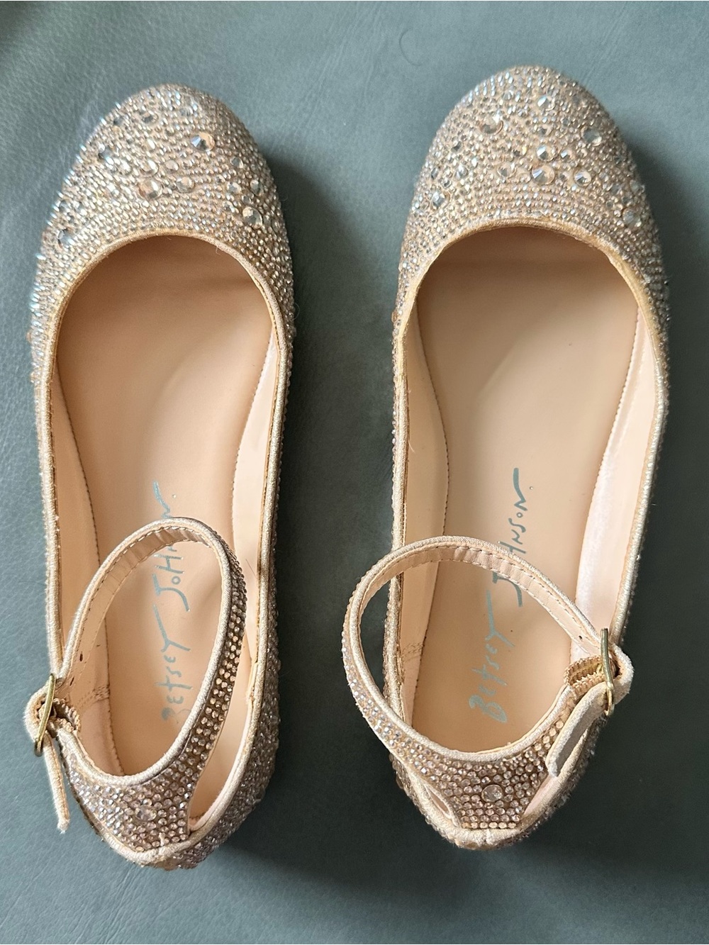 Embellished Champagne Ballet Flats with Ankle Strap